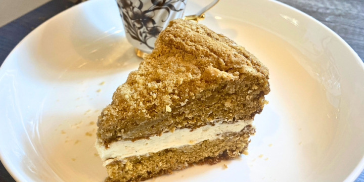 Cream Filled Crumble Coffee Cake has a Fluffy spiced cake with thick crumble streusel and light fluffy vanilla cream