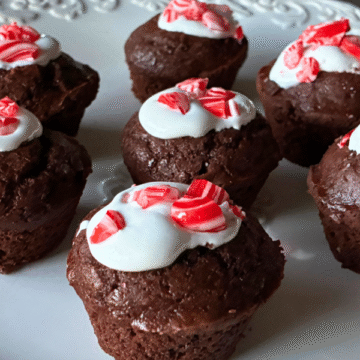 Hot Cocoa Biscuit Bites! Tender brownie like mini chocolate biscuits are filled with marshmallow and topped with minty candy canes.