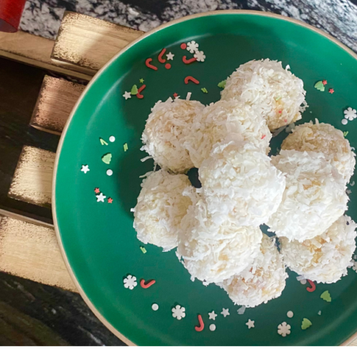 These cake bite snowballs are covered in coconut to create adorable "snowballs"