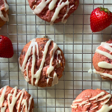 Soft and chewy with a gooey center and hunks of fresh strawberries and dark chocolate