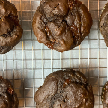 Strawberry Chocolate Protein Muffins are moist, fluffy, and chocolaty and full of fresh strawberries and jam
