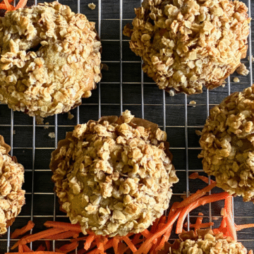 Oatmeal Carrot Crunch Muffins are jumbo-sized, moist, and fluffy, loaded with carrots, and topped with a crunchy cinnamon oatmeal crumble.