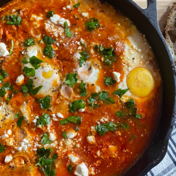 Fresh vegetables and spices are simmered in Raos tomato sauce along with gently poached eggs to create a delicious Shortcut Shakshuka.