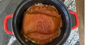 Pour the sauce over the brisket.