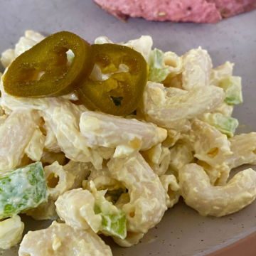 Sweet Heat Pasta Salad uses candied jalapeños and brine combined with classic creamy mayo and mustard flavors for maximum sweet heat flavor.