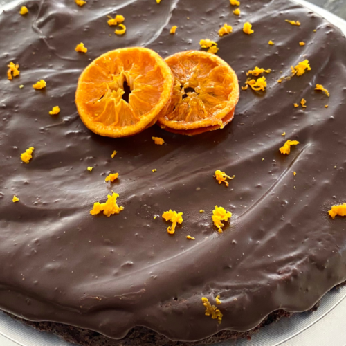 Flourless Chocolate Orange Cake can be made with fresh orange zest or orange extract.