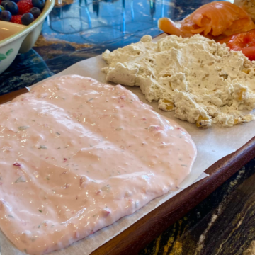 This strawberry and basil cream cheese combines fresh strawberries, garden-fresh basil and a little bit sugar with cream cheese to create a Summery breakfast treat.