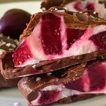 Protein rich yogurt, dark sweet cherries, dipped in chocolate and topped with sea salt.