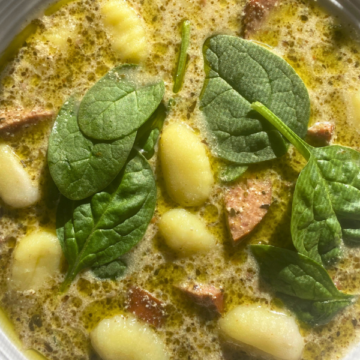This Crockpot Italian Sausage Pesto Gnocchi Soup is the perfect cozy meal for busy weeknights. Made with savory kielbasa, pillowy potato gnocchi, and rich basil pesto, everything simmers together in a creamy, flavorful broth with minimal effort.