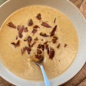 This creamy lentil bacon soup is the perfect hearty and healthy meal for a chilly Winter night.