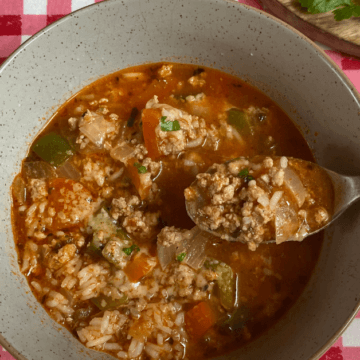 Parmesan stuffed pepper soup is a cozy twist on the original recipe with all the classic ingredients plus cheese rind for extra cheesy flavor.