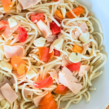 Turkey Mozzarella Pasta Salad combines tender udon noodles, turkey, bell peppers, and creamy mozzarella pearls, all tossed in a light vinaigrette.