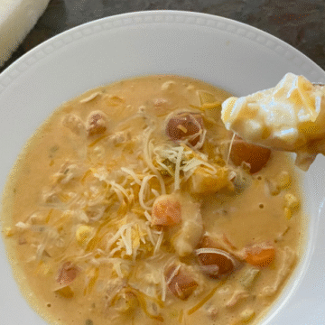 Vegetarian corn chowder uses smoked paprika and soy sauce to create a bacon flavoring...without the bacon.