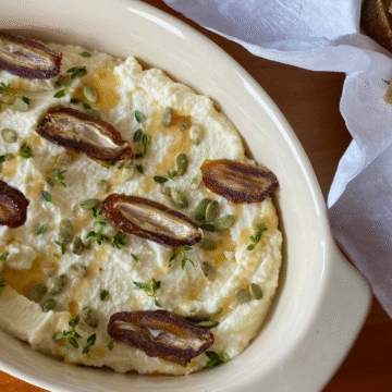 Spread this whipped ricotta & honey spread on a piece of crusty bread and top with a sliced date.