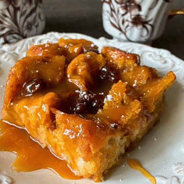 Soft, custardy, full of warm spices, sweet raisins and topped with caramel