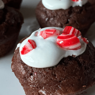 Hot Cocoa Biscuit Bites are tender, brownie-like mini chocolate biscuits filled with fluffy marshmallow and topped with crushed candy canes