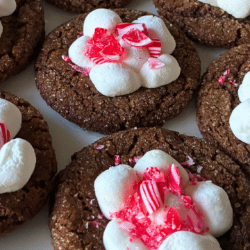 These chocolate-ginger cookies are rolled in sugar, baked until fudgy, then topped with gooey marshmallows and crushed peppermint candy canes for an irresistibly festive finish