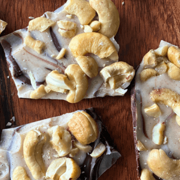 Rich dark chocolate gets swirled with spiced vanilla chocolate, then finished with crunchy cashews and a little flaky sea salt for the perfect sweet-and-salty bite.