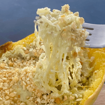 This super simple cheesy twice baked spaghetti squash is made with only 5 ingredients.
