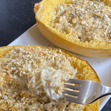 This super simple cheesy twice baked spaghetti squash is made with only 5 ingredients.