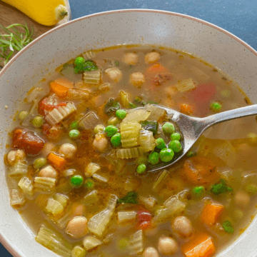 This warm and cozy cheesy Parmesan Vegetable soup is packed with nutritious veggies and beans for added fiber and protein.