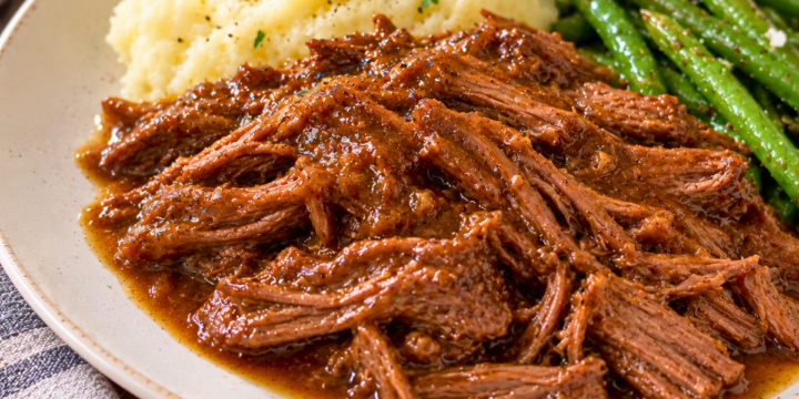 Slow Cooker Apple Ginger Beef is one of those easy dinners that's perfect for busy weeknights! Tender chuck roast cooks low and slow in a sweet and savory sauce made with apple juice, fresh ginger, honey, garlic, and soy sauce